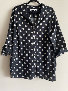 Lagenlook black white polka dot button up shirt 3/4 sleeves 100% cotton 18W